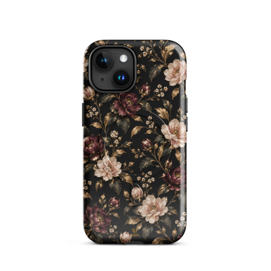 The Rosewood iPhone Case by Haezel Tech — dusky rose and burgundy florals with gold leaves on black