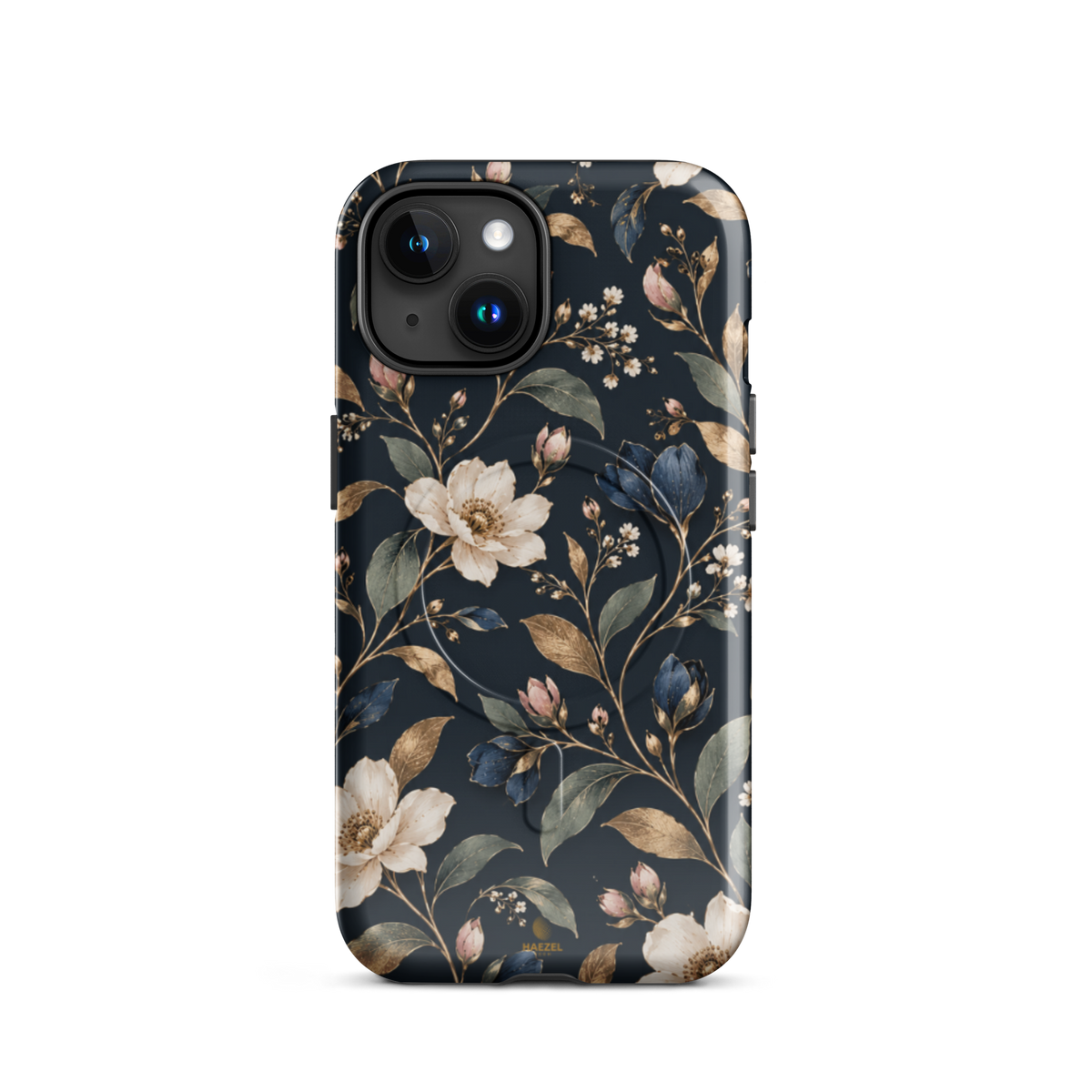 The Camellia iPhone Case by Haezel Tech — ivory camellias and gold leaves on deep navy