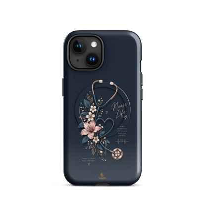 The Pledge iPhone Case, rose-gold stethoscope and lilies on navy. Haezel Tech Healer Series