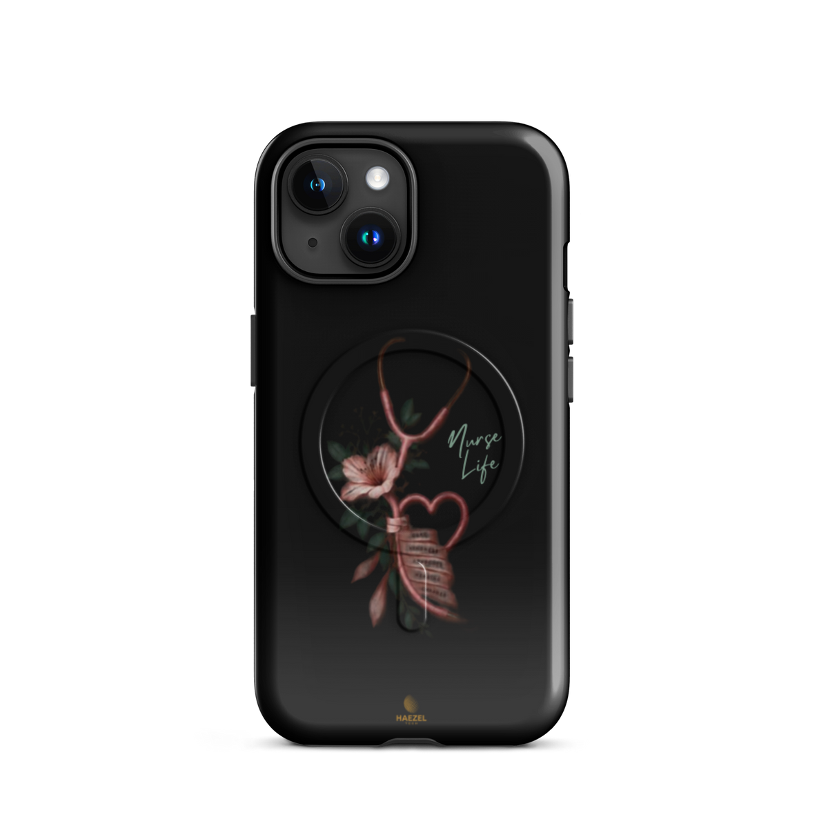 The Devotion Onyx iPhone case - rose stethoscope heart and lilies on black. Haezel Tech Healer Series.