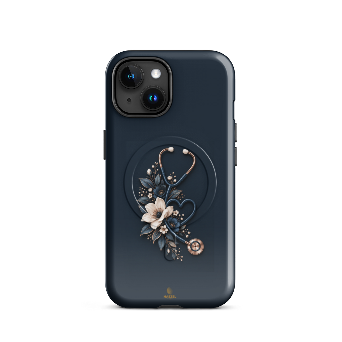 The Grace iPhone case - cream anemones and rose-gold stethoscope on navy. Haezel Tech Healer Series.
