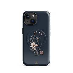 The Grace iPhone Case, anemones and rose-gold stethoscope on navy. Haezel Tech Healer Series