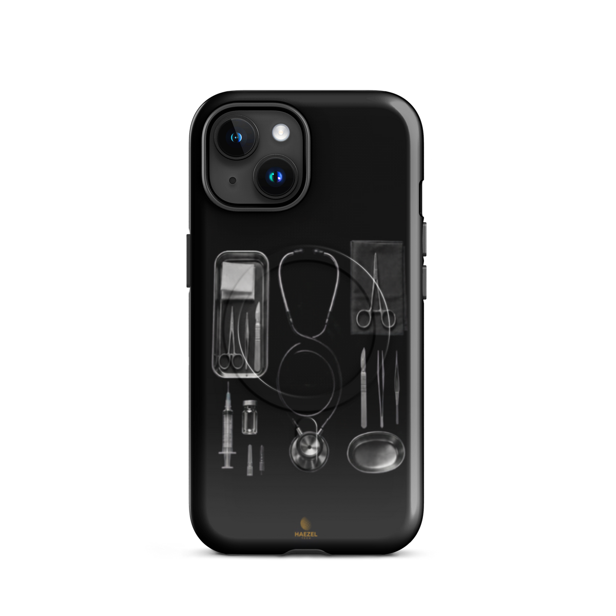 The Theatre iPhone case - silver surgical instrument tray on black. Haezel Tech Healer Series.