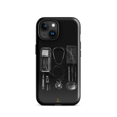 The Theatre iPhone Case, silver surgical instrument tray on black. Haezel Tech Healer Series