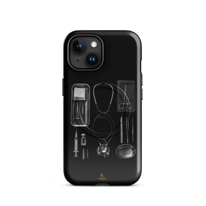 The Theatre iPhone Case, silver surgical instrument tray on black. Haezel Tech Healer Series