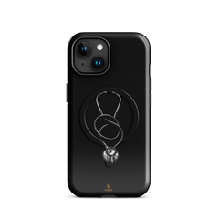 The Oath iPhone Case, single silver stethoscope on black. Haezel Tech Healer Series