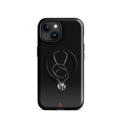 The Oath iPhone Case, single silver stethoscope on black. Haezel Tech Healer Series