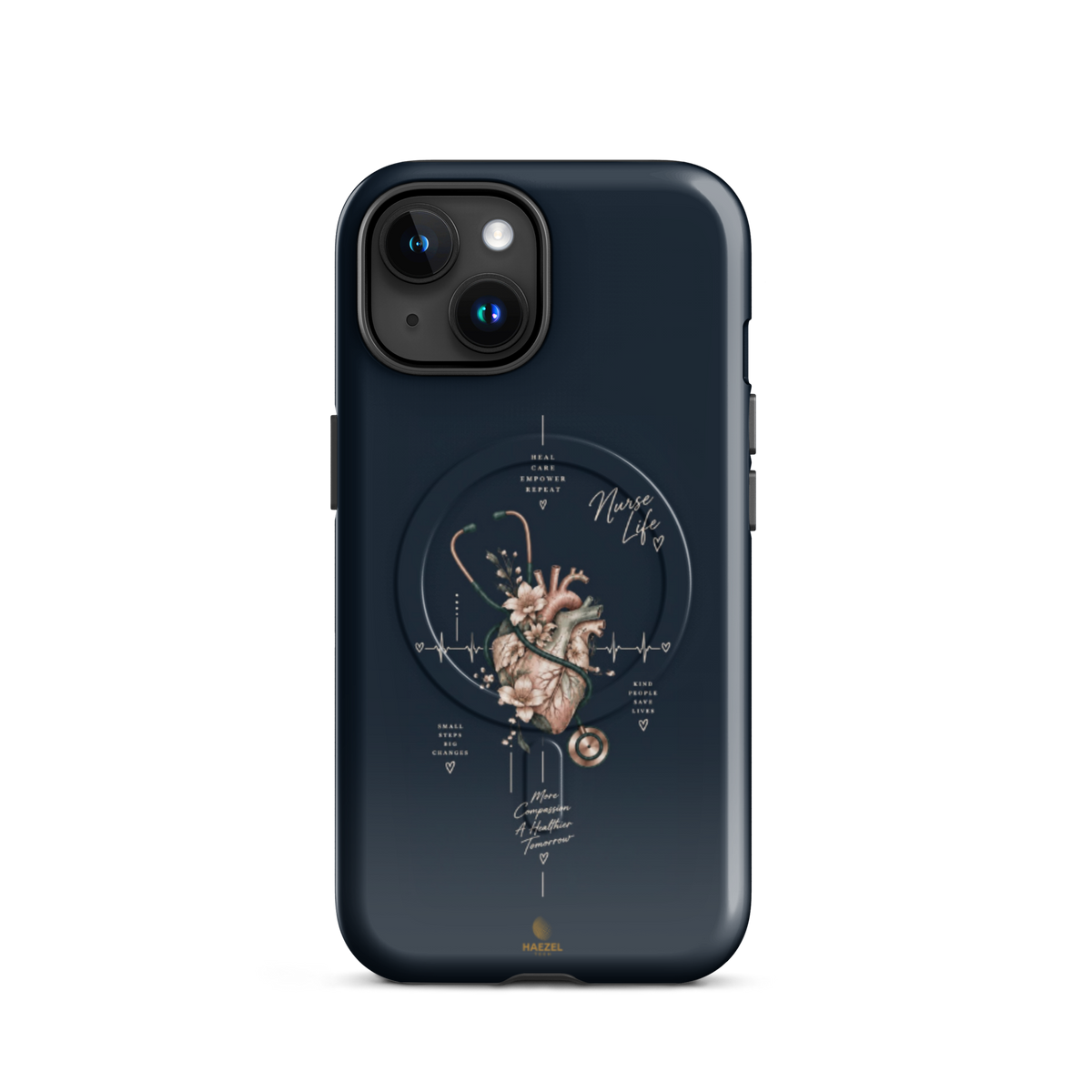 The Pulse iPhone case - anatomical heart in bloom with ECG line on navy. Haezel Tech Healer Series.