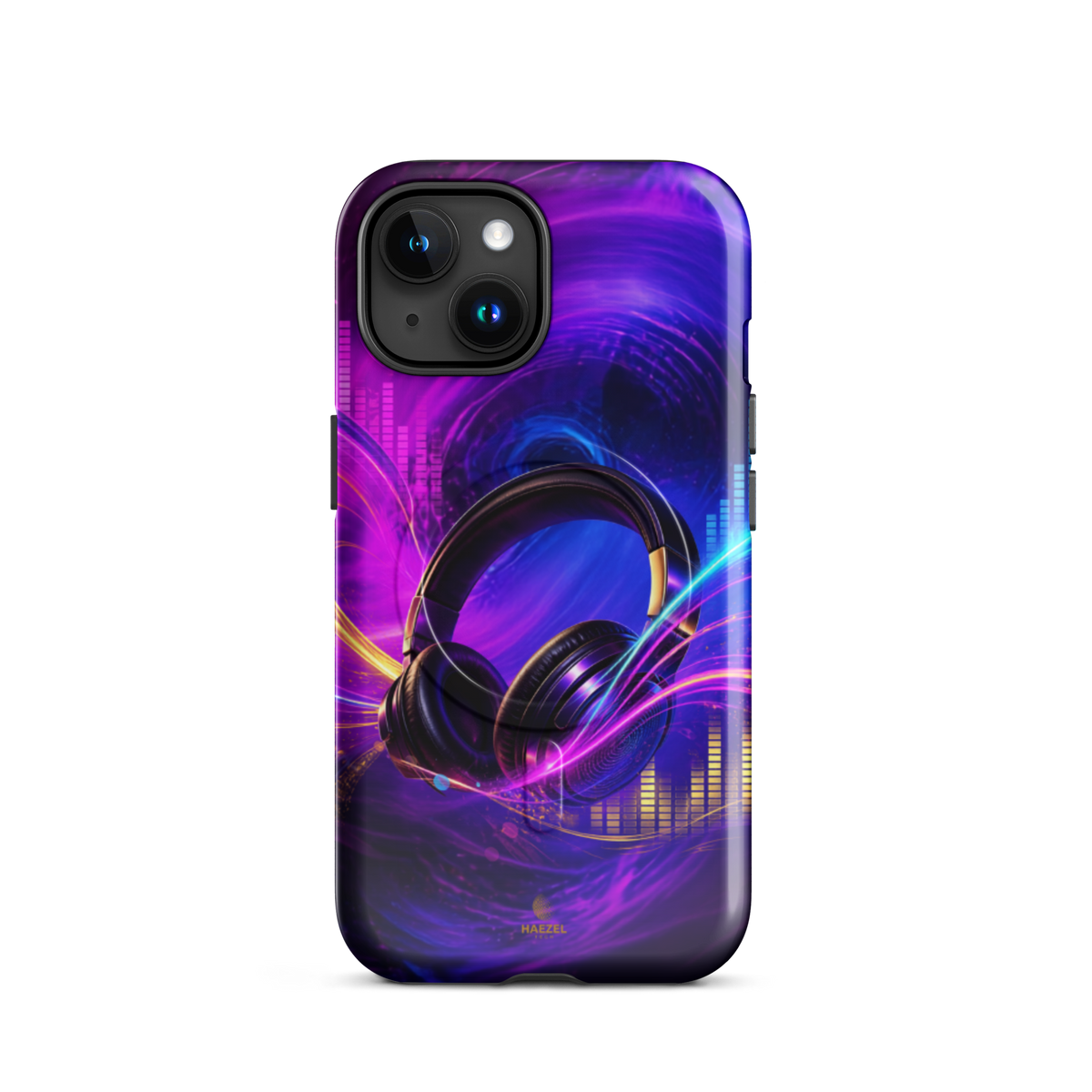 The Frequency iPhone Case, studio headphones on a neon equaliser swirl. Haezel Tech Rhythm Series