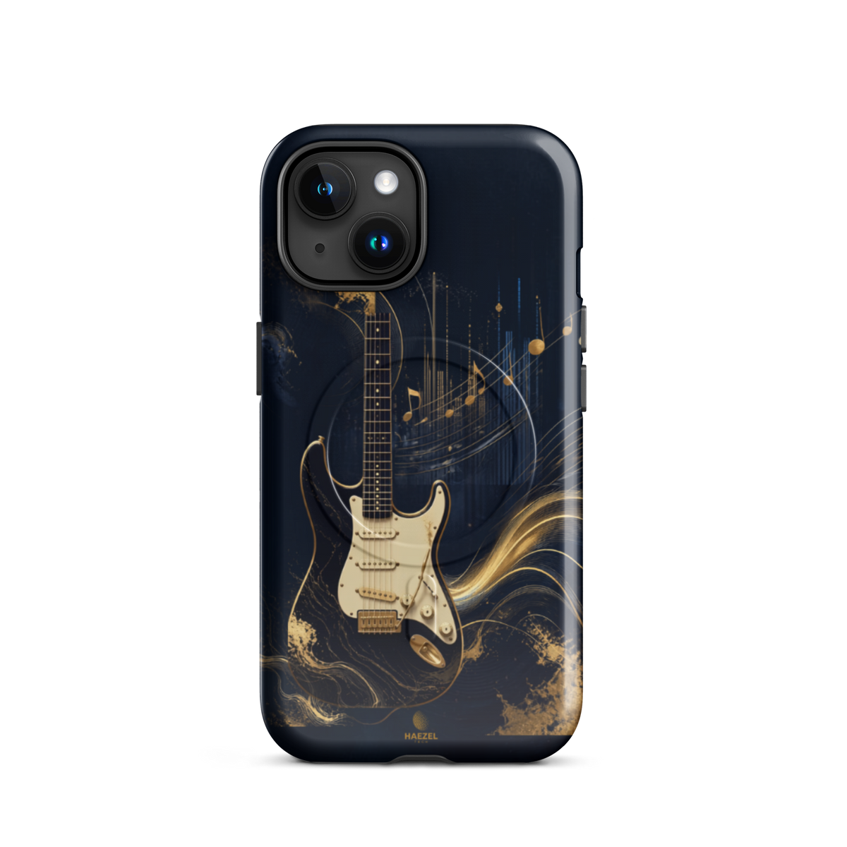 The Headliner iPhone Case, cream and gold electric guitar on navy. Haezel Tech Rhythm Series