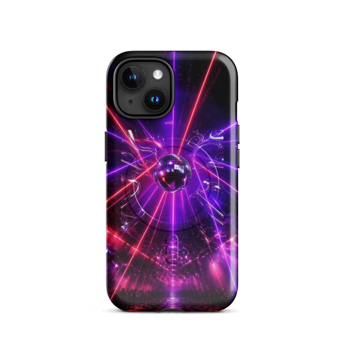 The Afterhours iPhone Case, magenta mirror ball cut by laser light. Haezel Tech Rhythm Series
