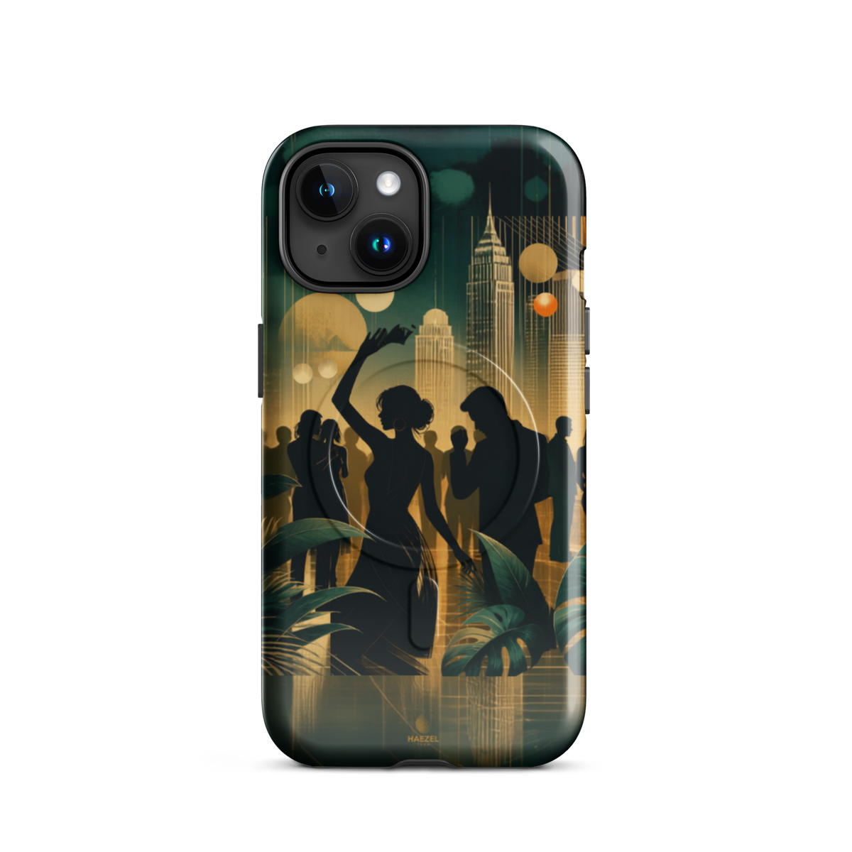 The Speakeasy iPhone Case, gold art deco dancers, city skyline and palm leaves. Haezel Tech Rhythm Series