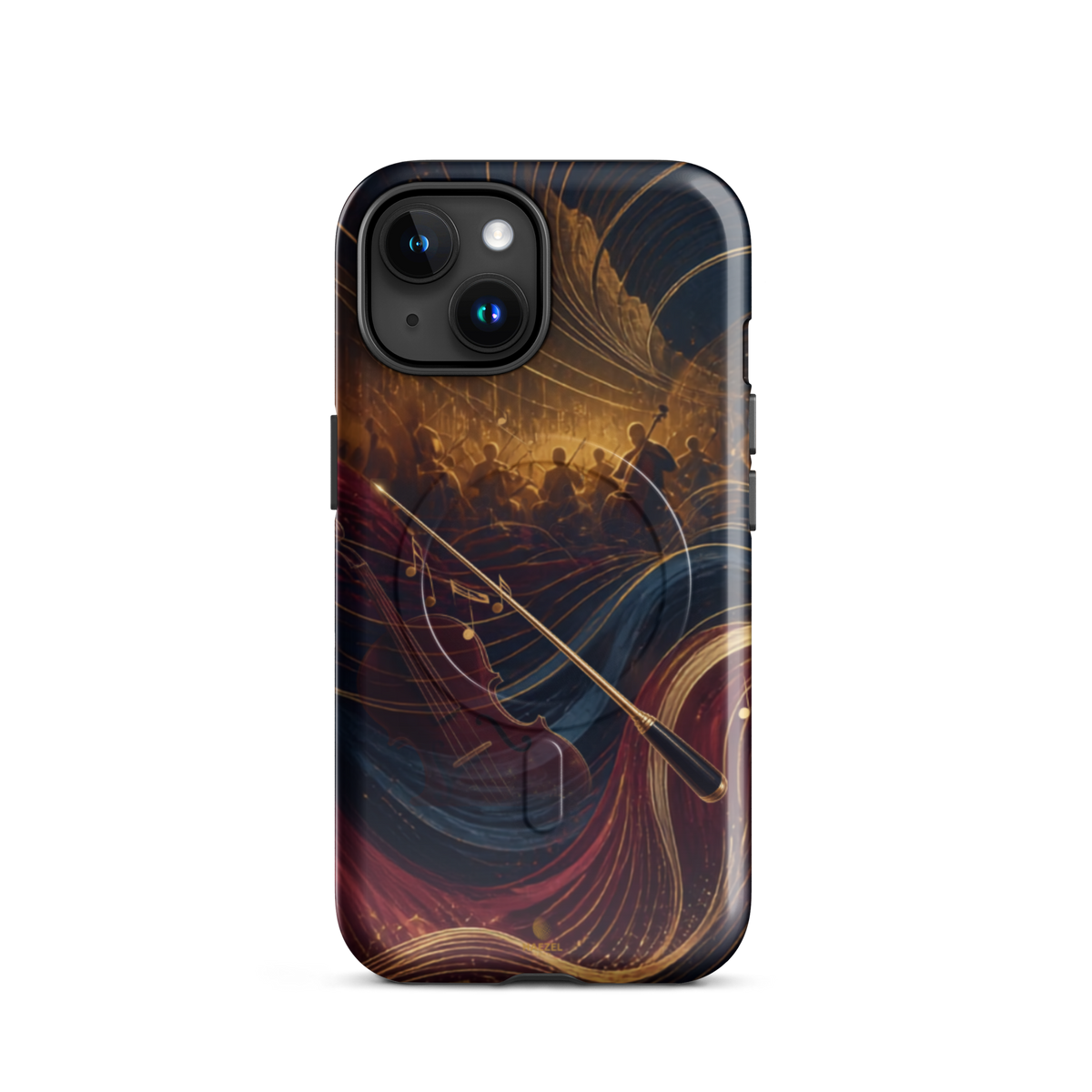 The Virtuoso iPhone Case, gold-line violin and bow over orchestra silhouettes. Haezel Tech Rhythm Series