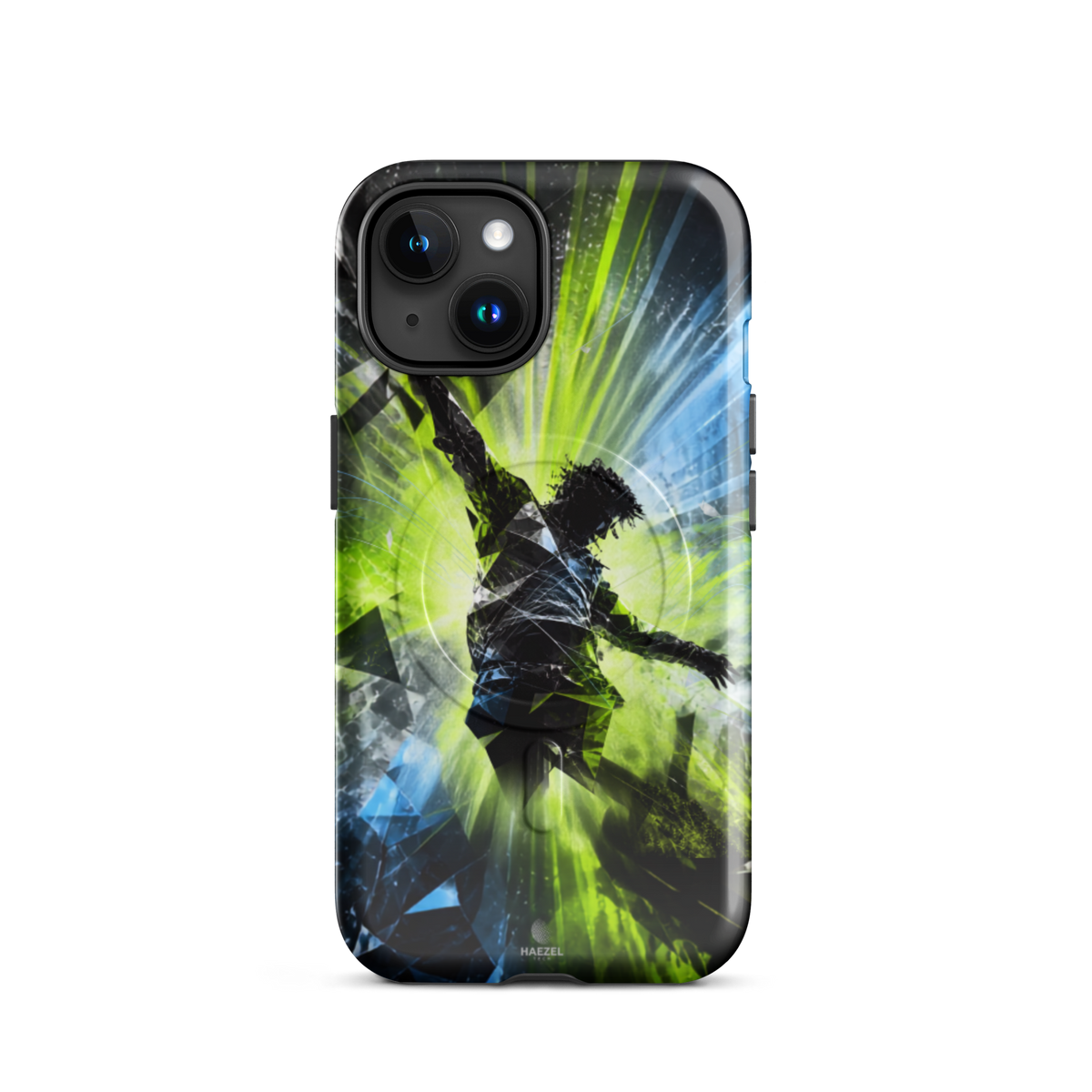 The Kinetic iPhone Case, lime dancer silhouette breaking into geometric shards. Haezel Tech Rhythm Series