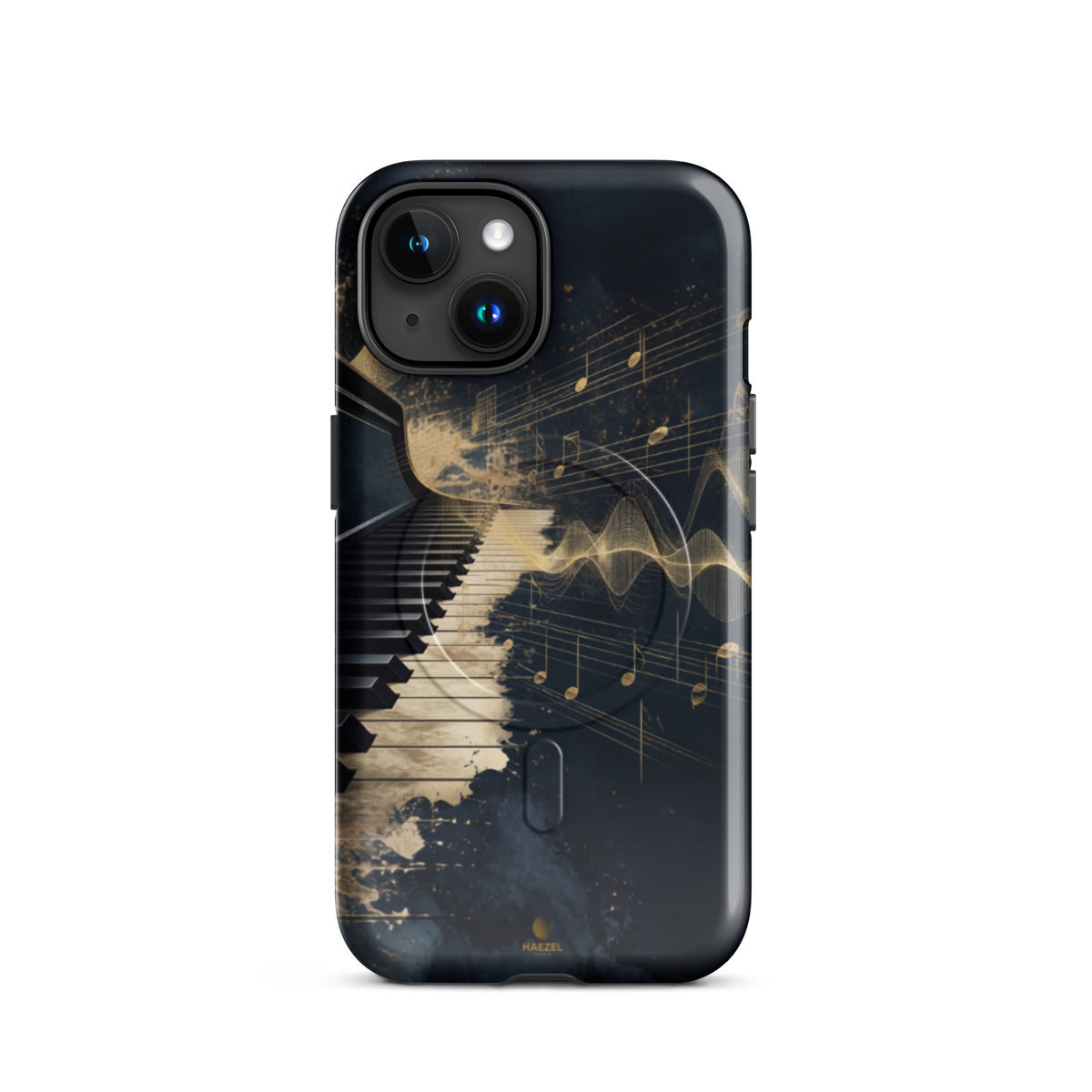 The Nocturne iPhone Case, piano keys and gold music notation on midnight navy. Haezel Tech Rhythm Series