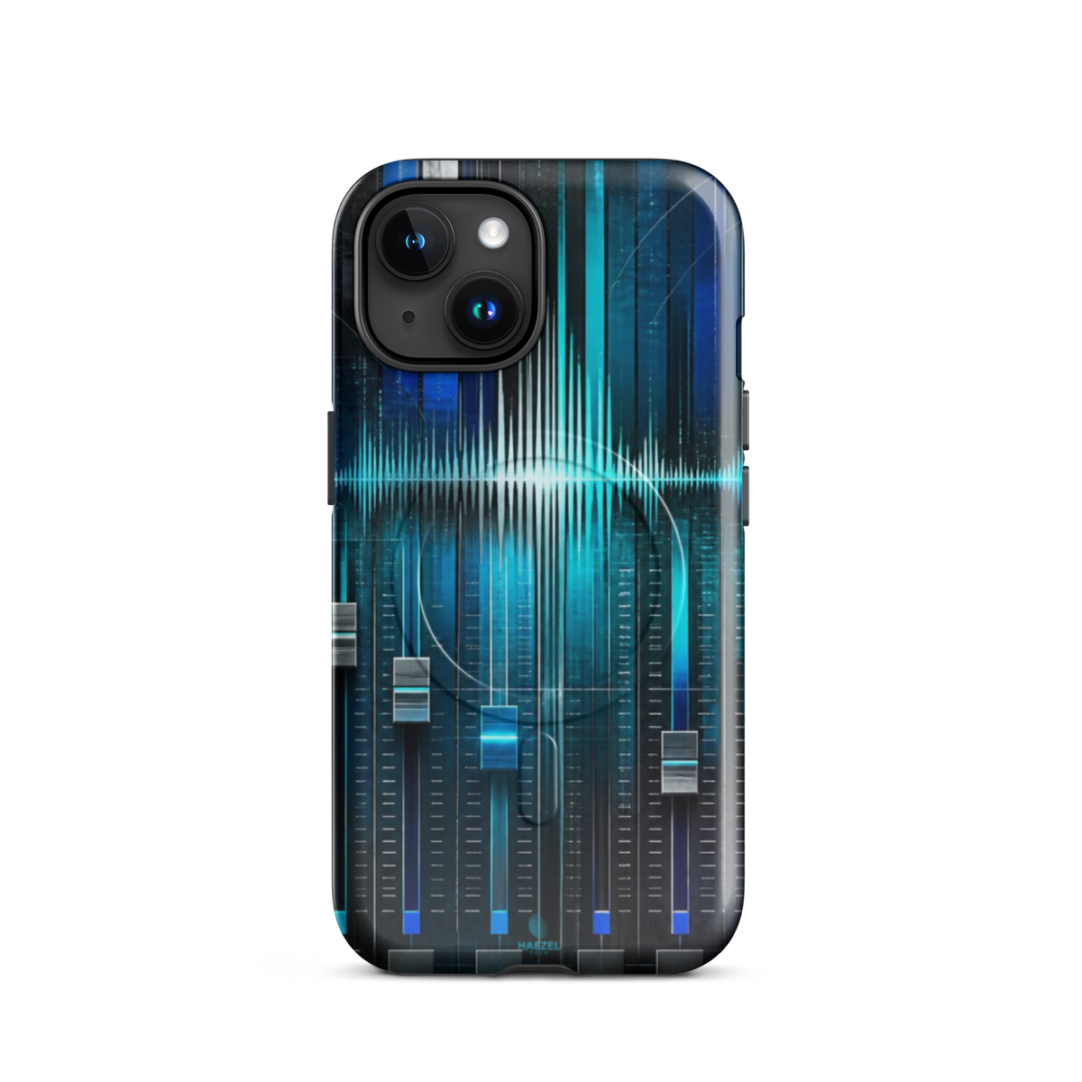 The Mixdown iPhone Case, cyan mixing desk faders and waveform peaks. Haezel Tech Rhythm Series