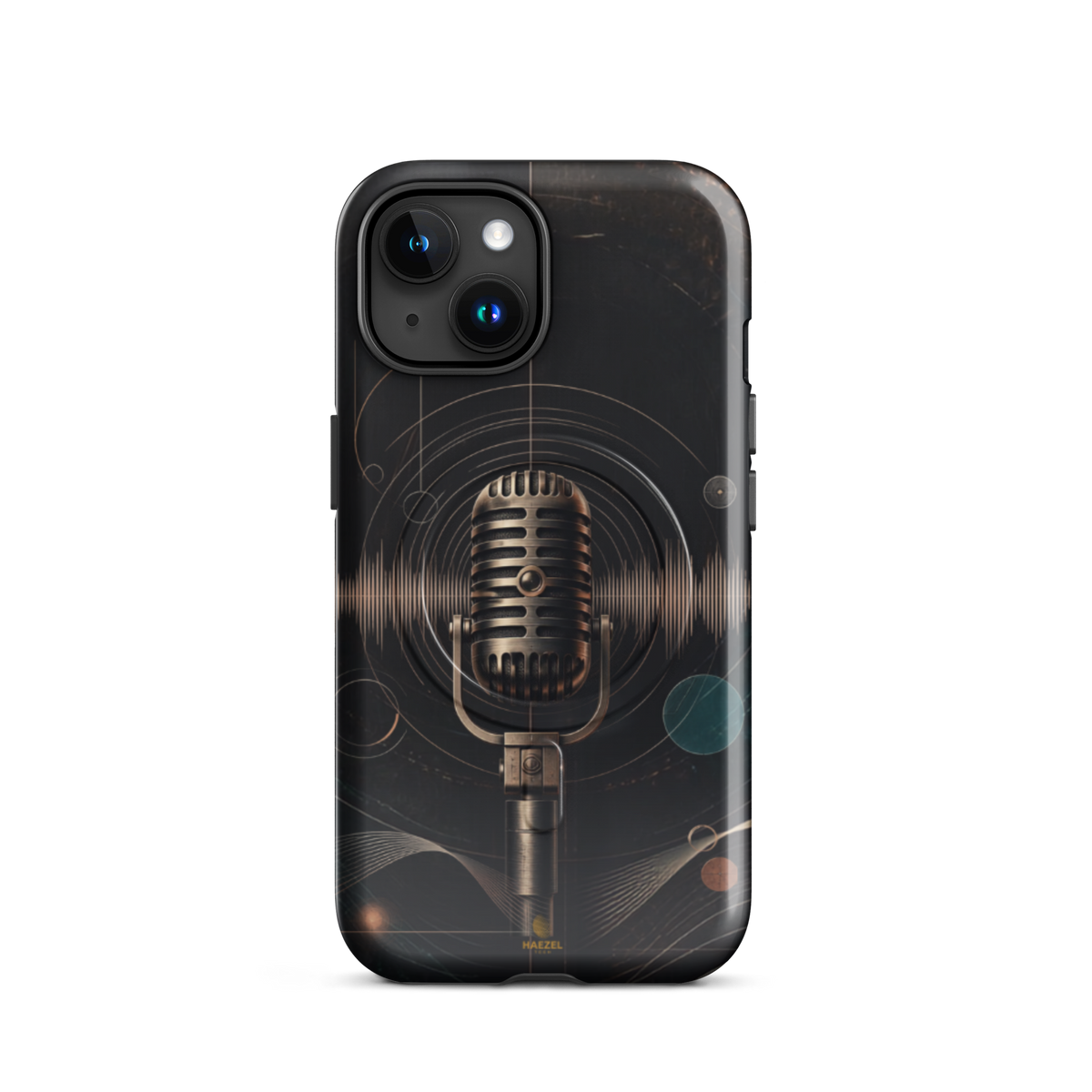 The Broadcast iPhone Case, bronze vintage microphone ringed by soundwaves. Haezel Tech Rhythm Series