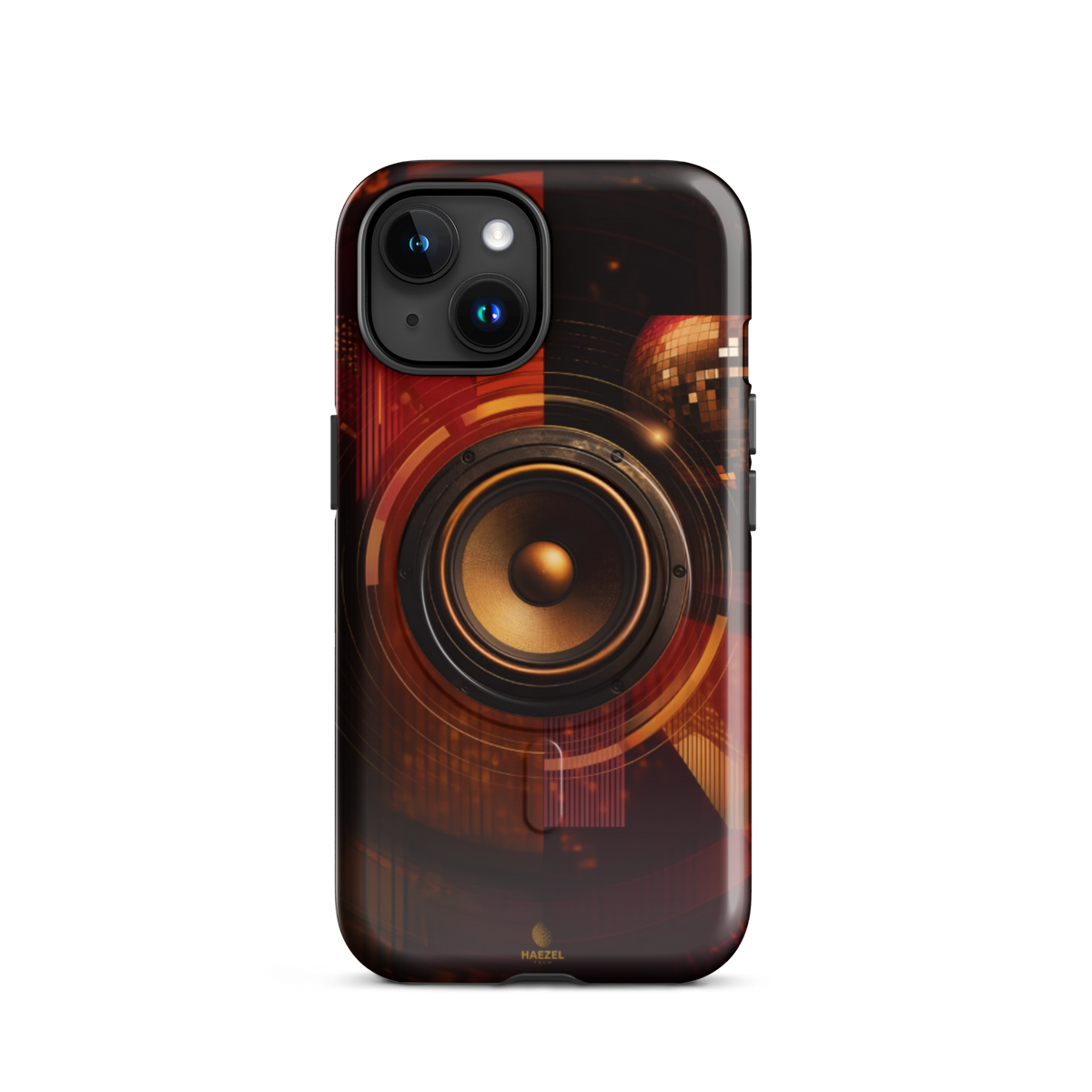 The Bassline iPhone Case, gold speaker cone split across red and black. Haezel Tech Rhythm Series