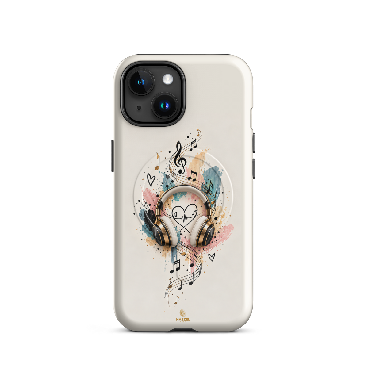 The Serenade Ivory iPhone Case, gold headphones and heartbeat in watercolour on ivory. Haezel Tech Rhythm Series