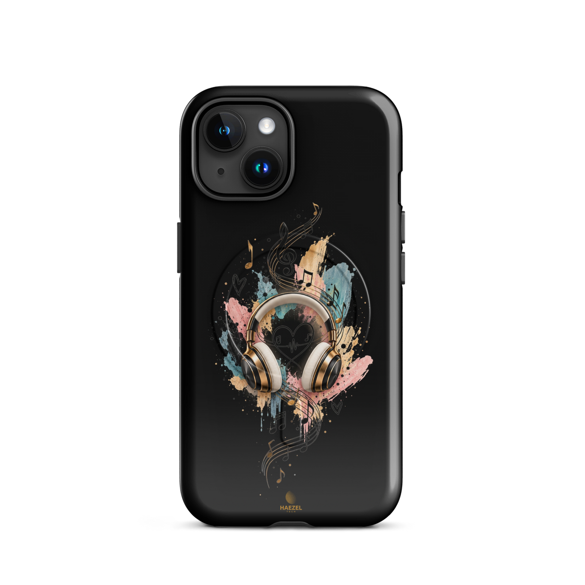 The Serenade Onyx iPhone Case, gold headphones and heartbeat in watercolour on black. Haezel Tech Rhythm Series