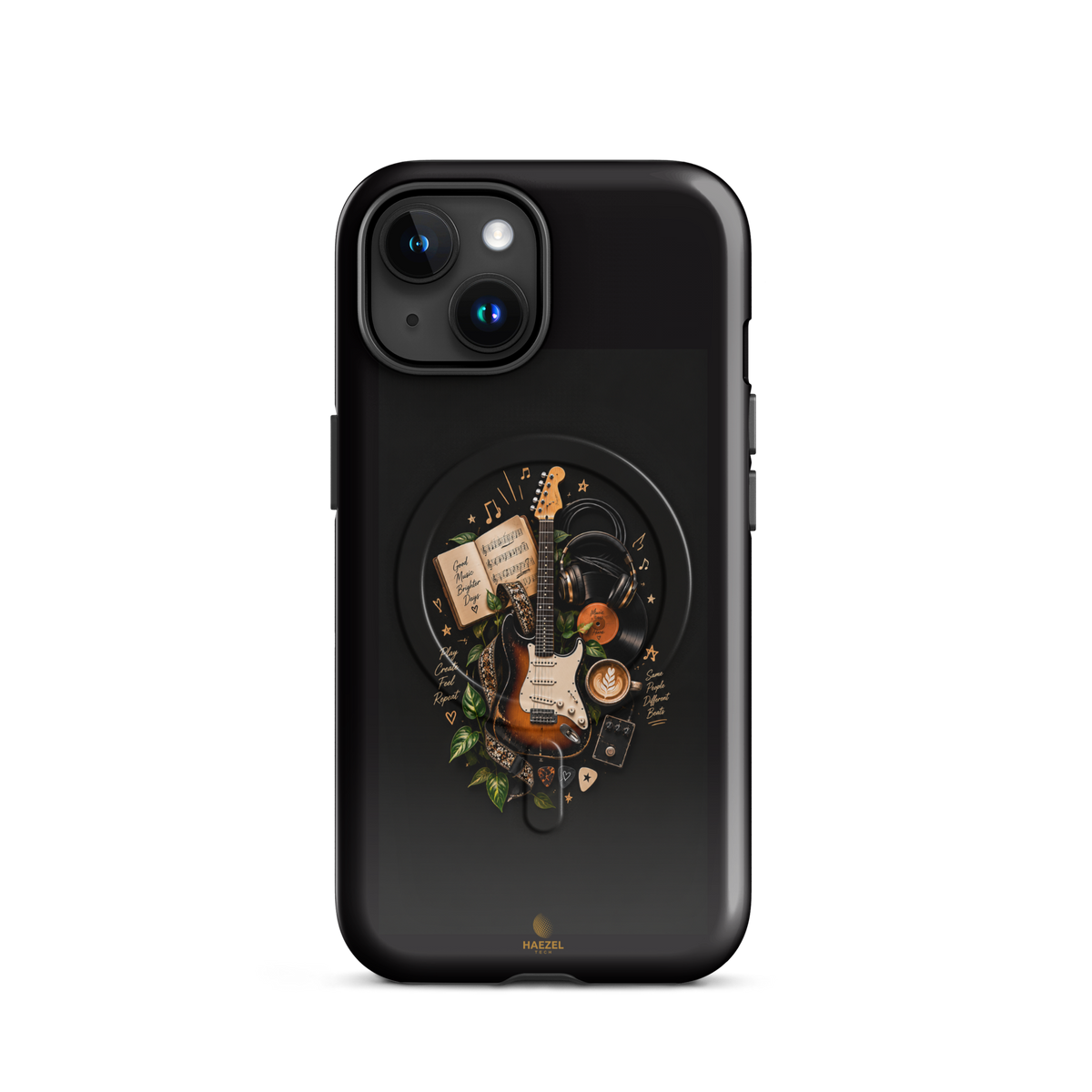 The Songbook iPhone Case, sunburst guitar and open songbook on black. Haezel Tech Rhythm Series