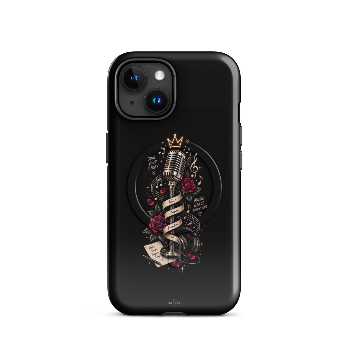 The Showstopper iPhone Case, crowned vintage microphone and red roses on black. Haezel Tech Rhythm Series