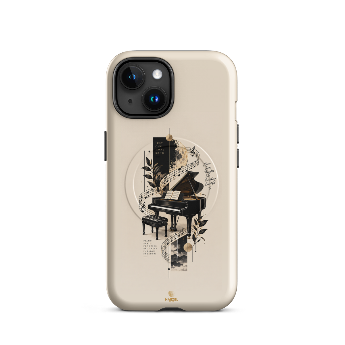 The Recital iPhone Case, grand piano and sheet music under a full moon on ivory. Haezel Tech Rhythm Series