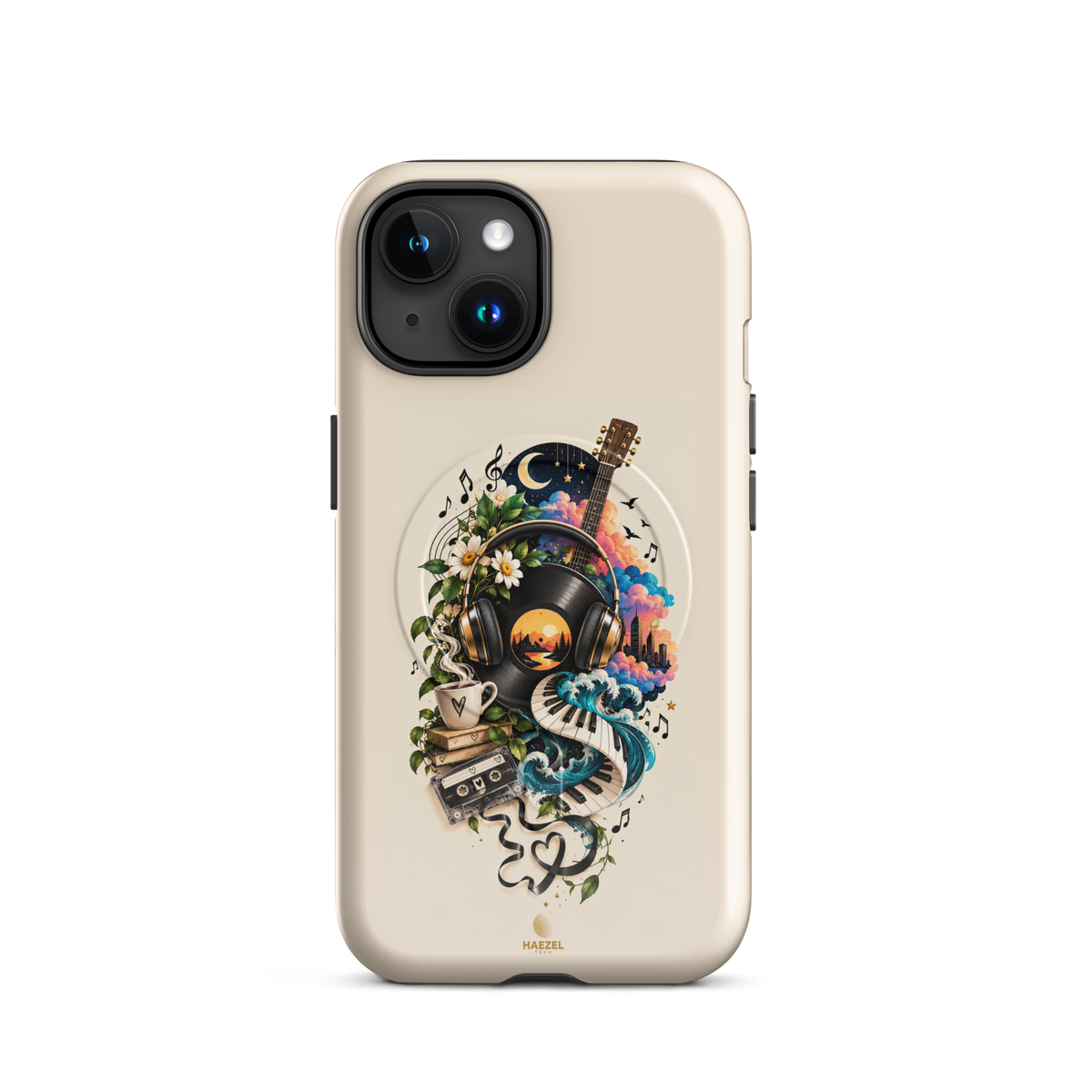 The Playlist iPhone Case, vinyl, headphones, guitar and cassette collage on ivory. Haezel Tech Rhythm Series