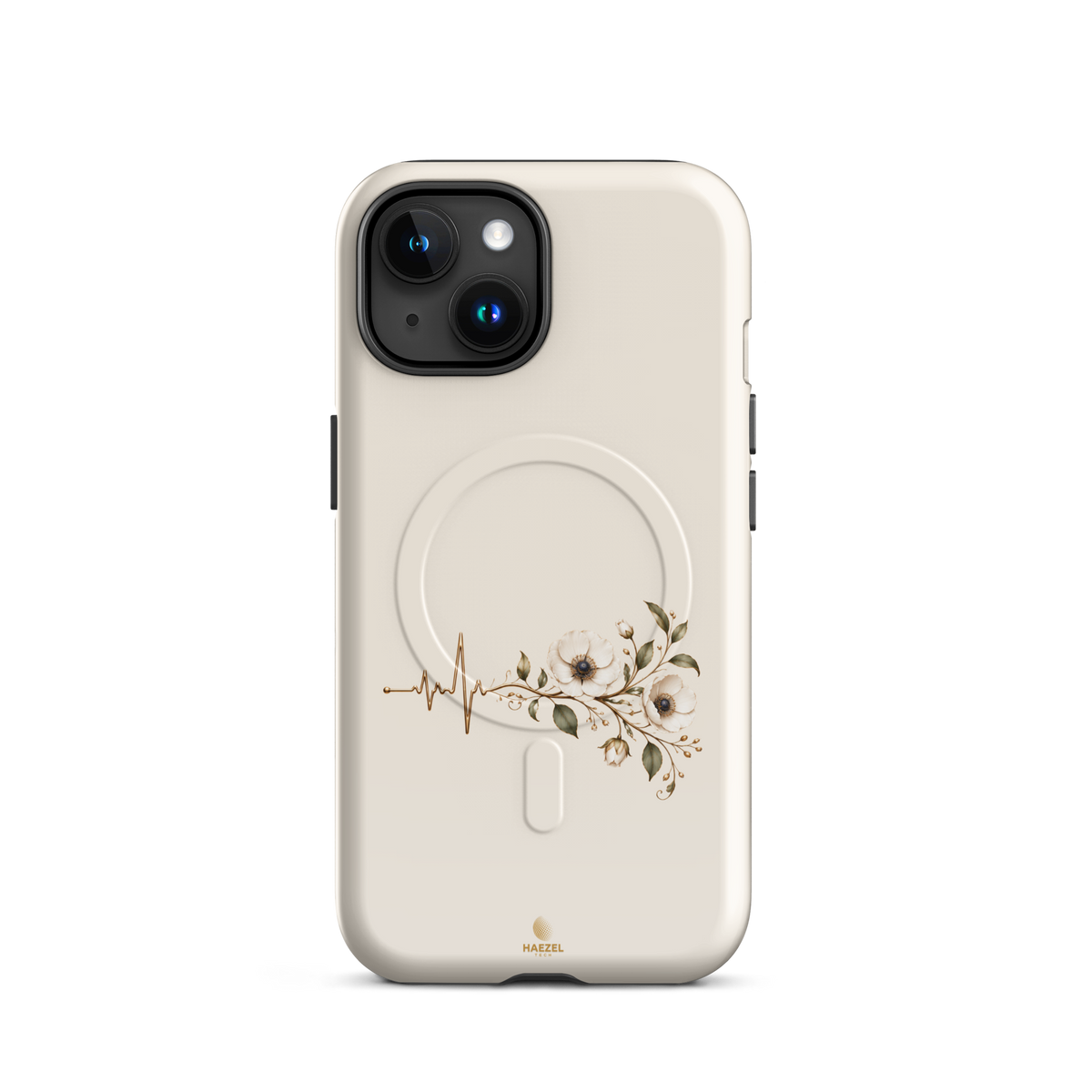 The Heartbeat iPhone Case, gold heartbeat line flowing into flowers on ivory. Haezel Tech Healer Series