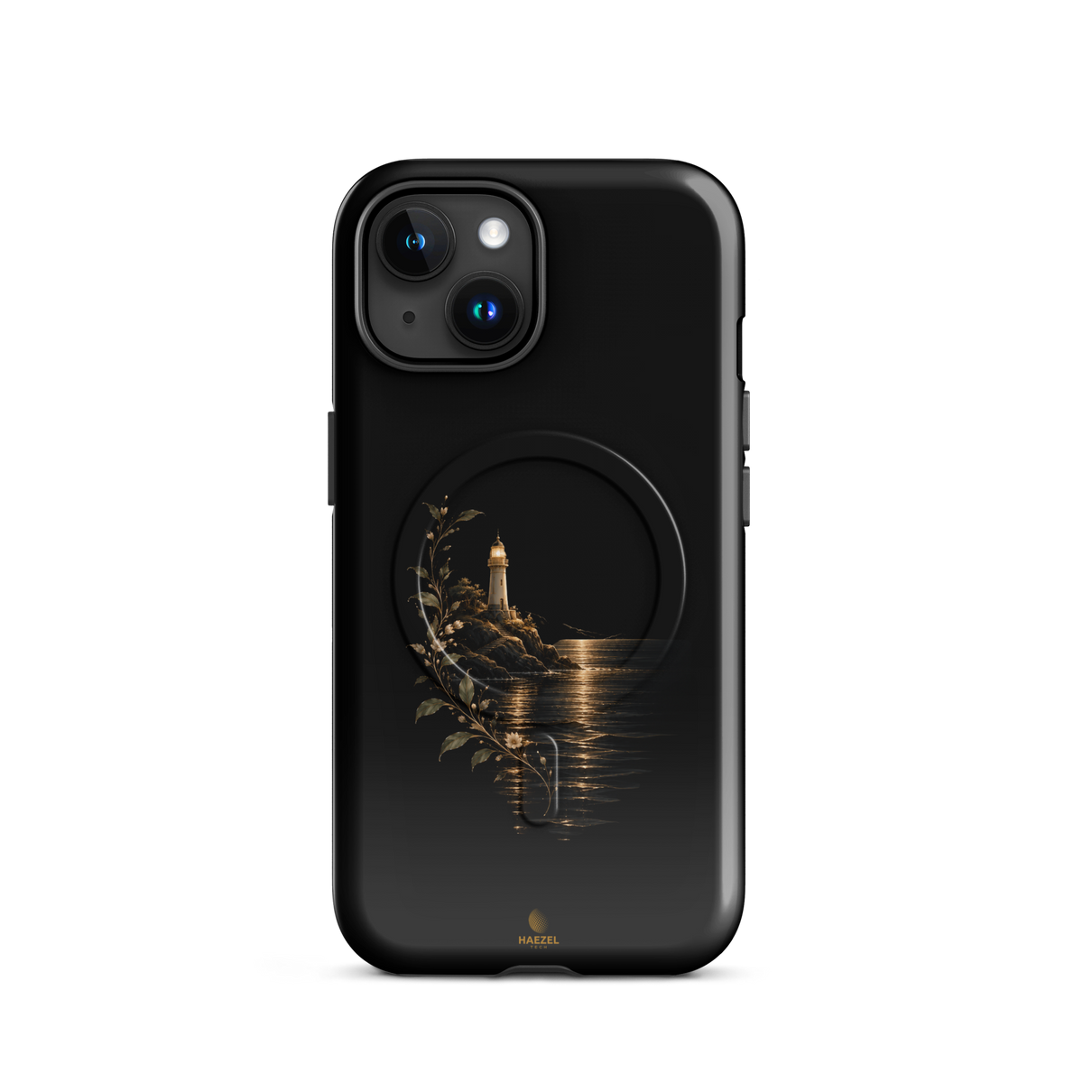 The Lighthouse iPhone Case, lighthouse glowing over still water with gold flowers on black. Haezel Tech Healer Series