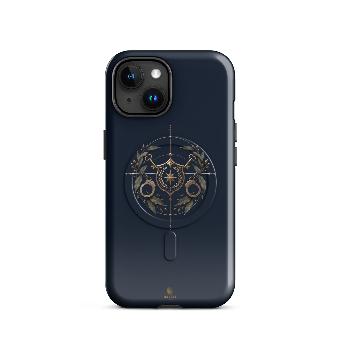 The Watch iPhone Case, gold shield with crossed keys and laurel wreath on navy. Haezel Tech Guardian Series