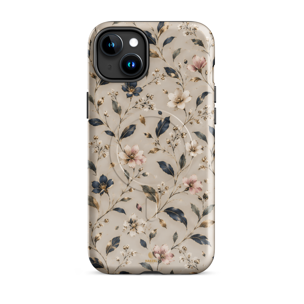 The Blossom iPhone Case by Haezel Tech — delicate pink and white blossom on ivory with navy leaves
