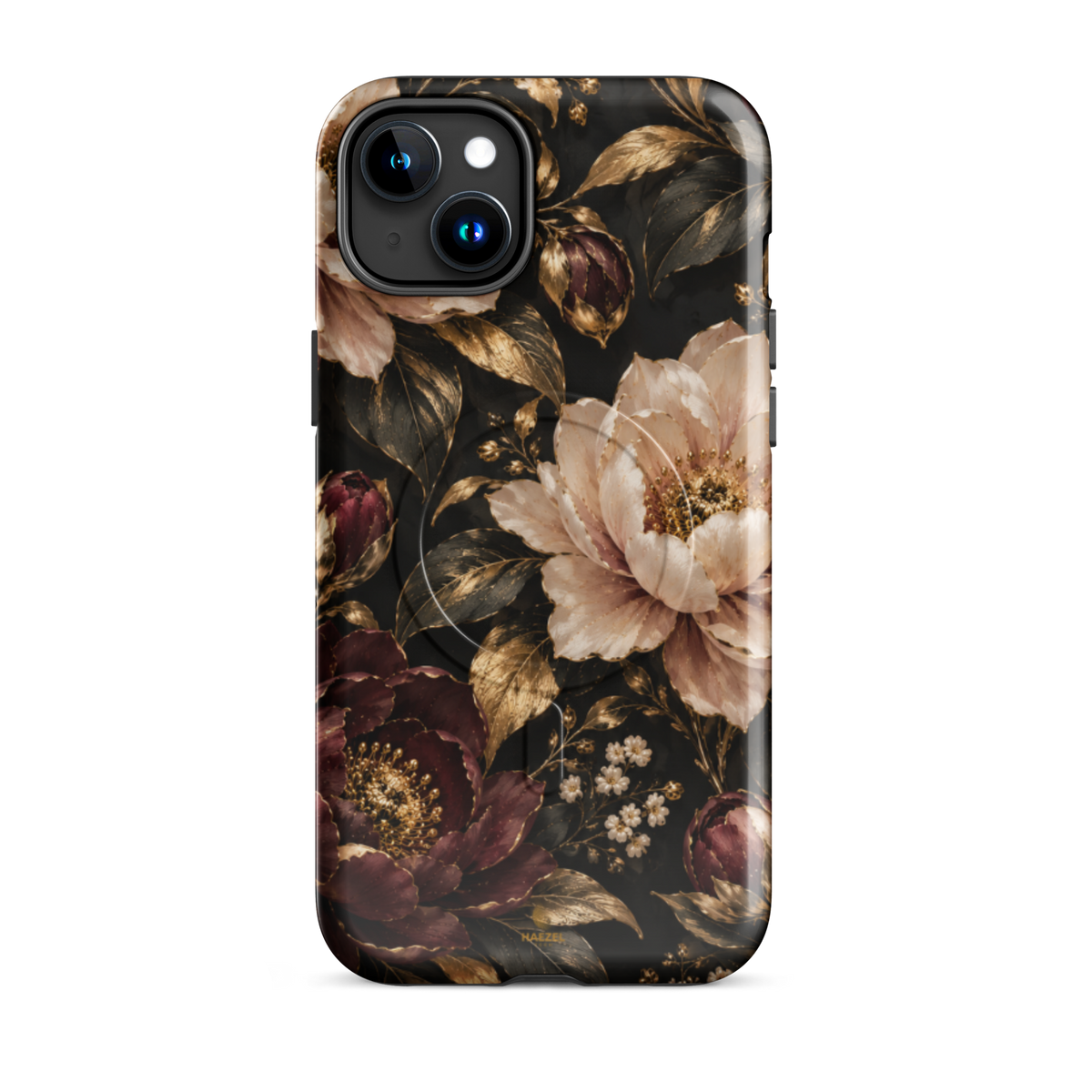 The Peony iPhone Case by Haezel Tech — blush and burgundy peonies with gold foliage on black