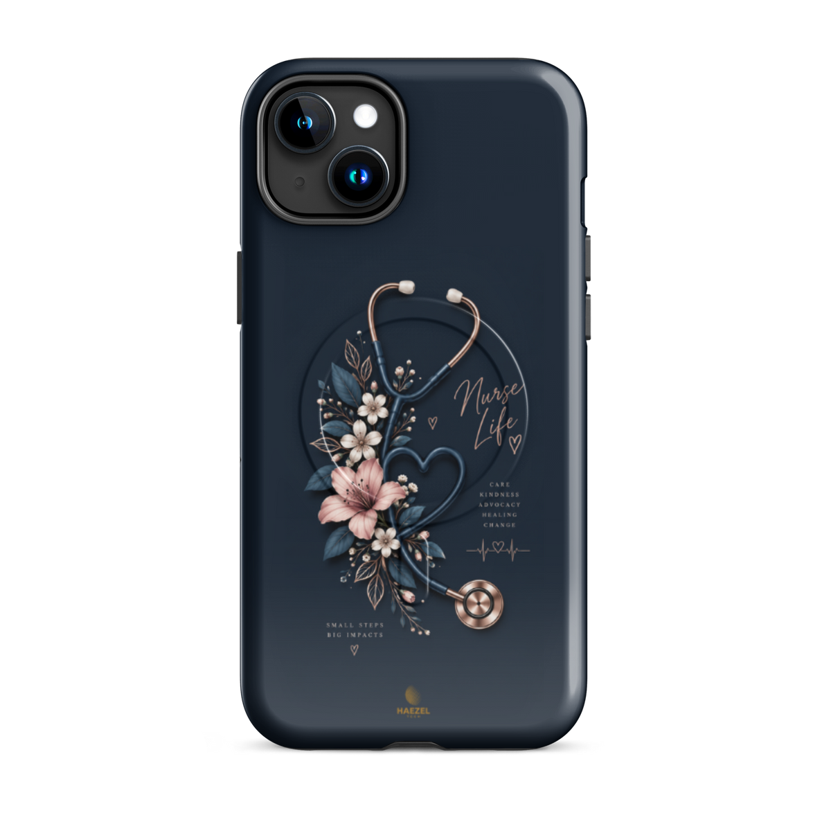The Pledge iPhone case - rose-gold stethoscope, lilies and heartbeat on navy. Haezel Tech Healer Series.