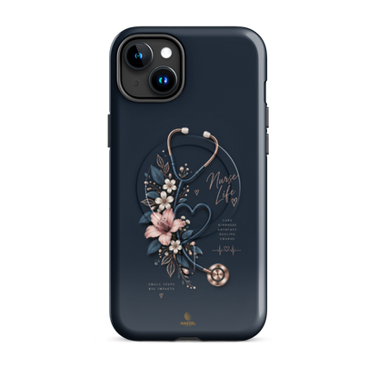 The Pledge iPhone Case, rose-gold stethoscope and lilies on navy. Haezel Tech Healer Series, view 6