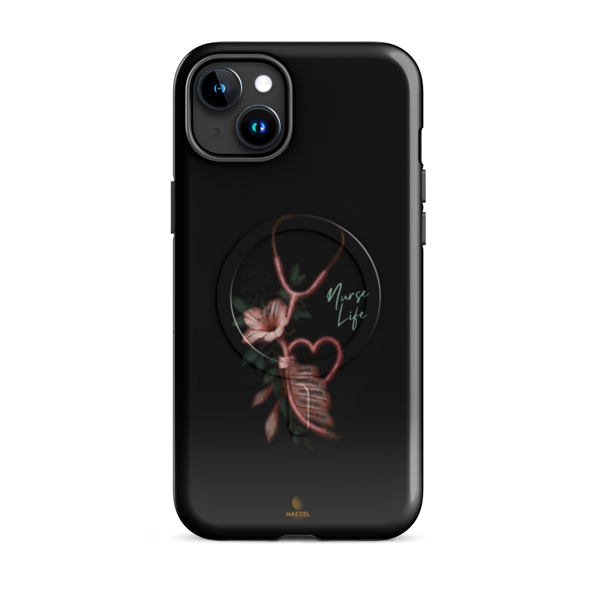 The Devotion Onyx iPhone case - rose stethoscope heart and lilies on black. Haezel Tech Healer Series.
