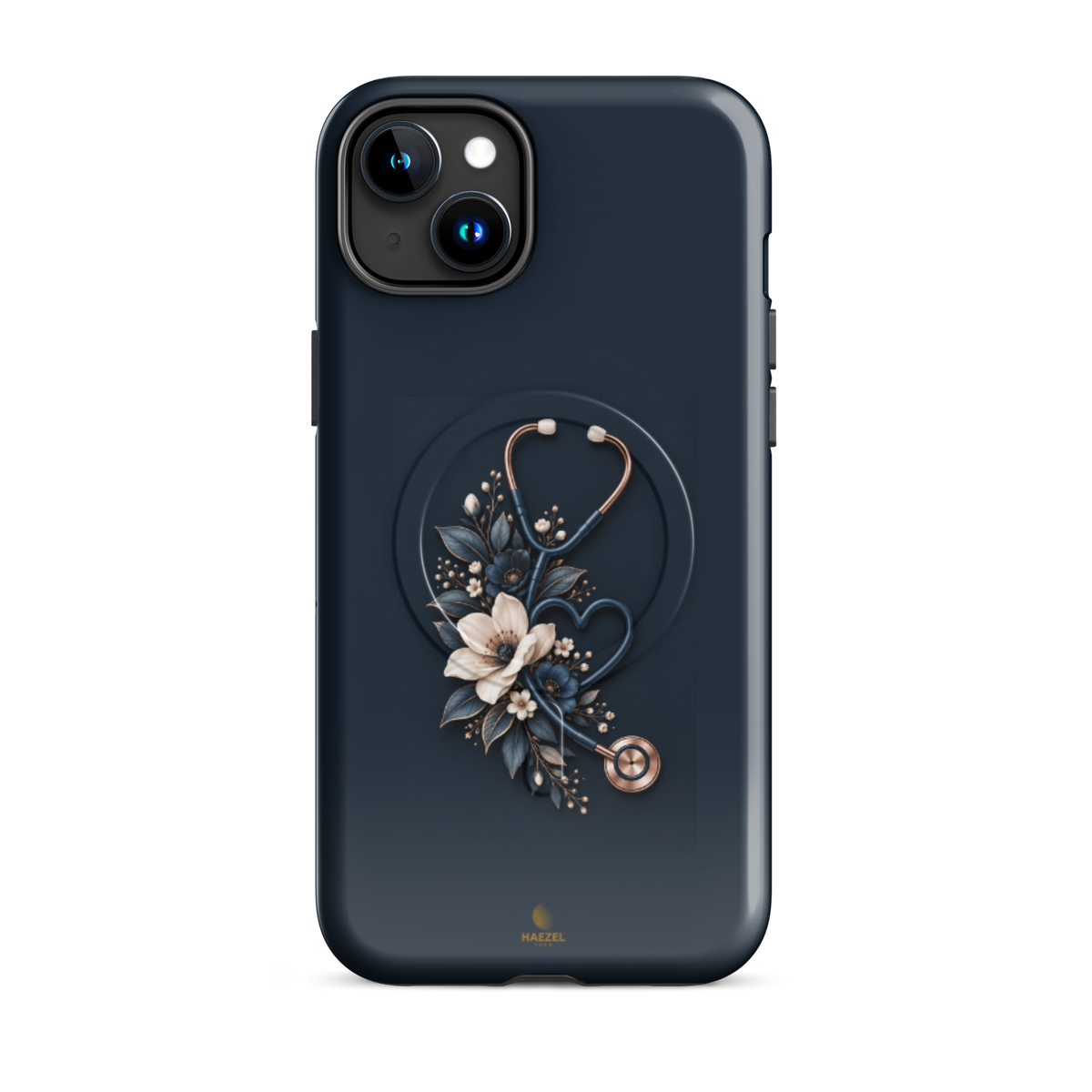 The Grace iPhone case - cream anemones and rose-gold stethoscope on navy. Haezel Tech Healer Series.