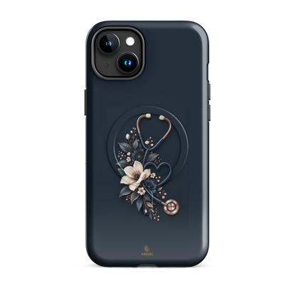 The Grace iPhone Case, anemones and rose-gold stethoscope on navy. Haezel Tech Healer Series, view 6