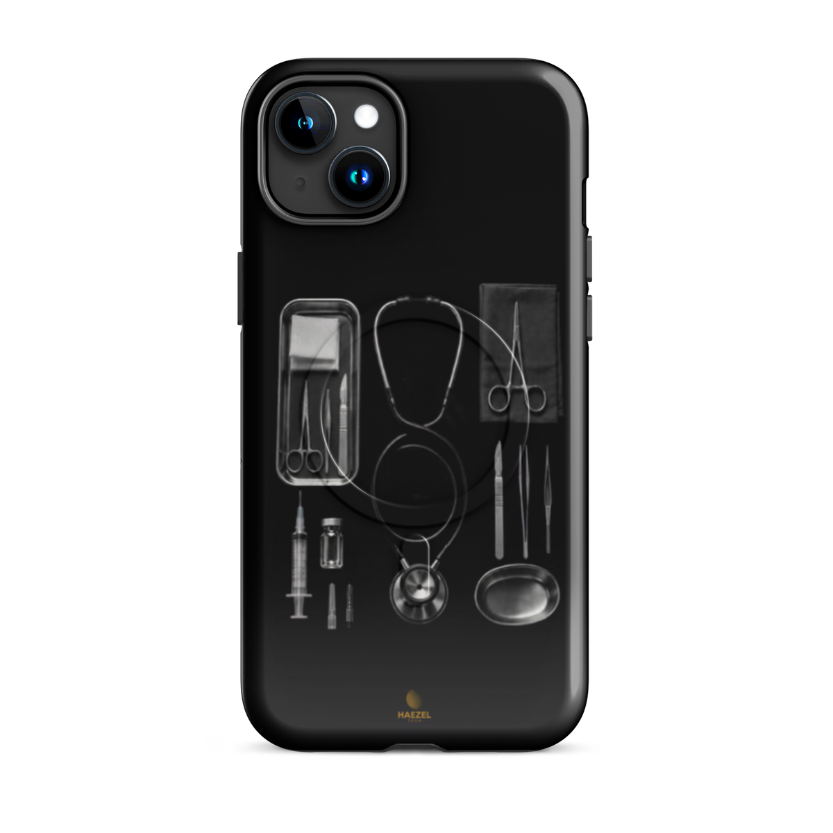 The Theatre iPhone case - silver surgical instrument tray on black. Haezel Tech Healer Series.