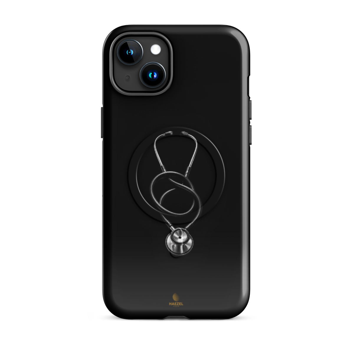 The Oath iPhone case - single silver stethoscope on black. Haezel Tech Healer Series.