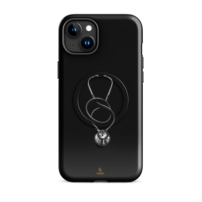 The Oath iPhone Case, single silver stethoscope on black. Haezel Tech Healer Series, view 6