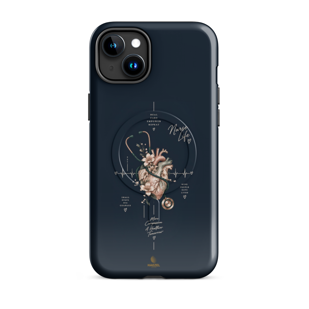 The Pulse iPhone case - anatomical heart in bloom with ECG line on navy. Haezel Tech Healer Series.