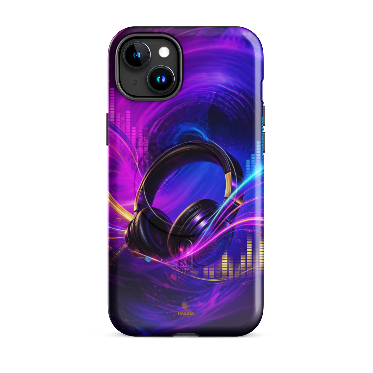 The Frequency iPhone Case, studio headphones on a neon equaliser swirl. Haezel Tech Rhythm Series, view 6