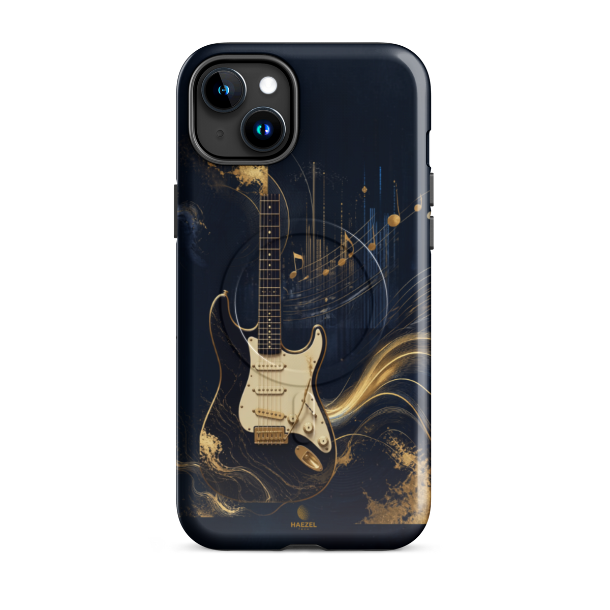 The Headliner iPhone Case, cream and gold electric guitar on navy. Haezel Tech Rhythm Series, view 6