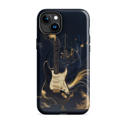 The Headliner iPhone Case, cream and gold electric guitar on navy. Haezel Tech Rhythm Series, view 6