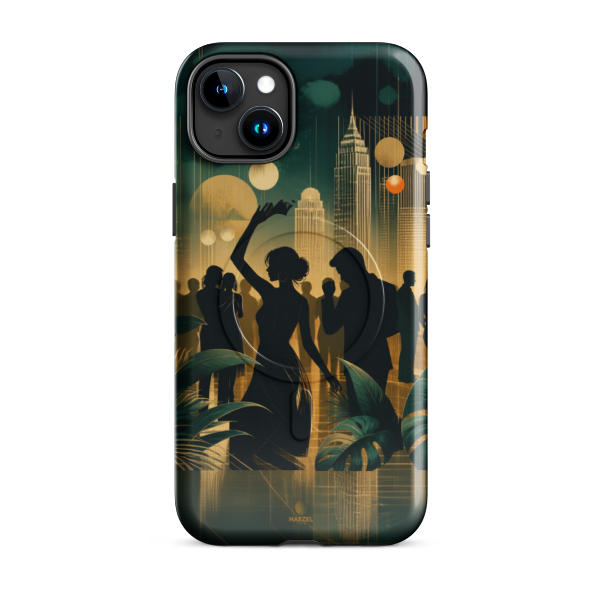 The Speakeasy iPhone Case, gold art deco dancers, city skyline and palm leaves. Haezel Tech Rhythm Series, view 6