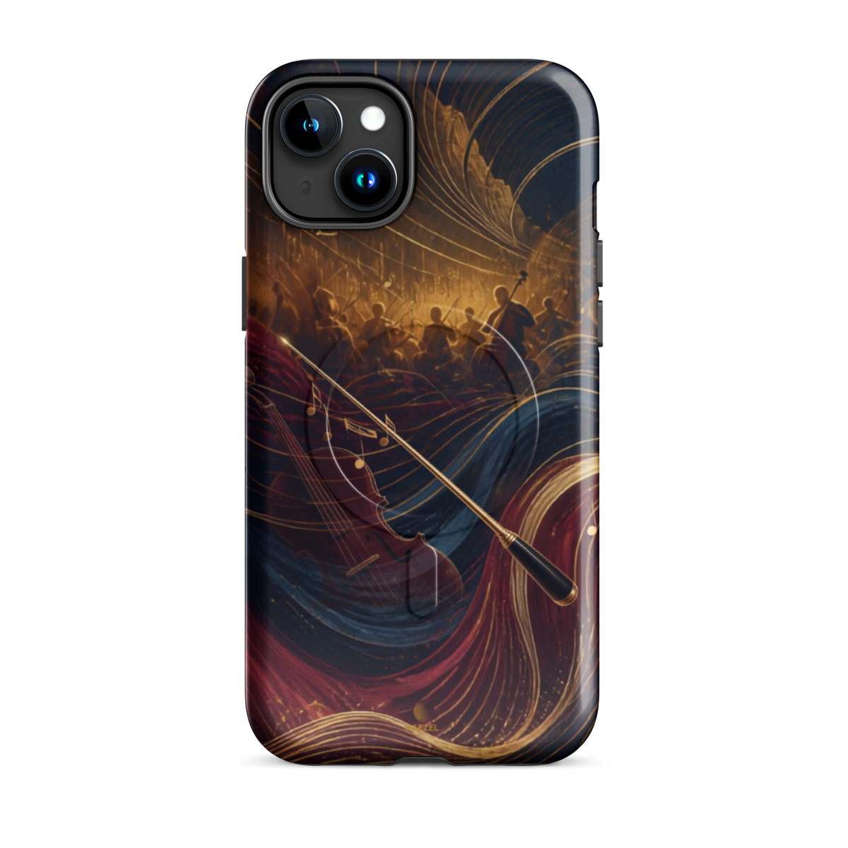 The Virtuoso iPhone Case, gold-line violin and bow over orchestra silhouettes. Haezel Tech Rhythm Series, view 6