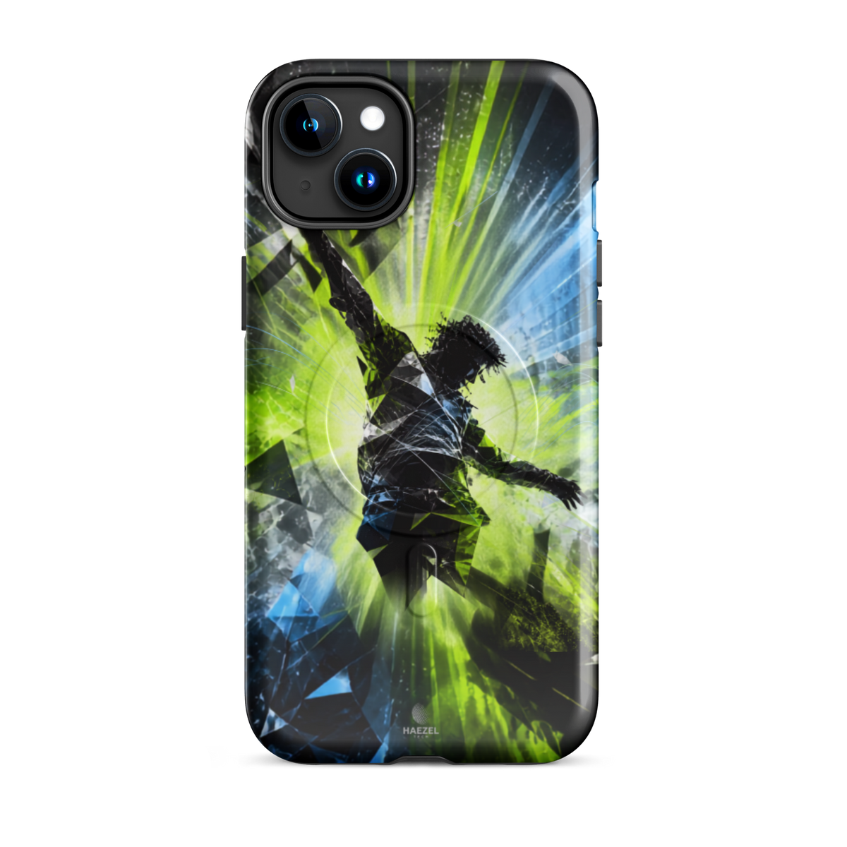 The Kinetic iPhone Case, lime dancer silhouette breaking into geometric shards. Haezel Tech Rhythm Series, view 6
