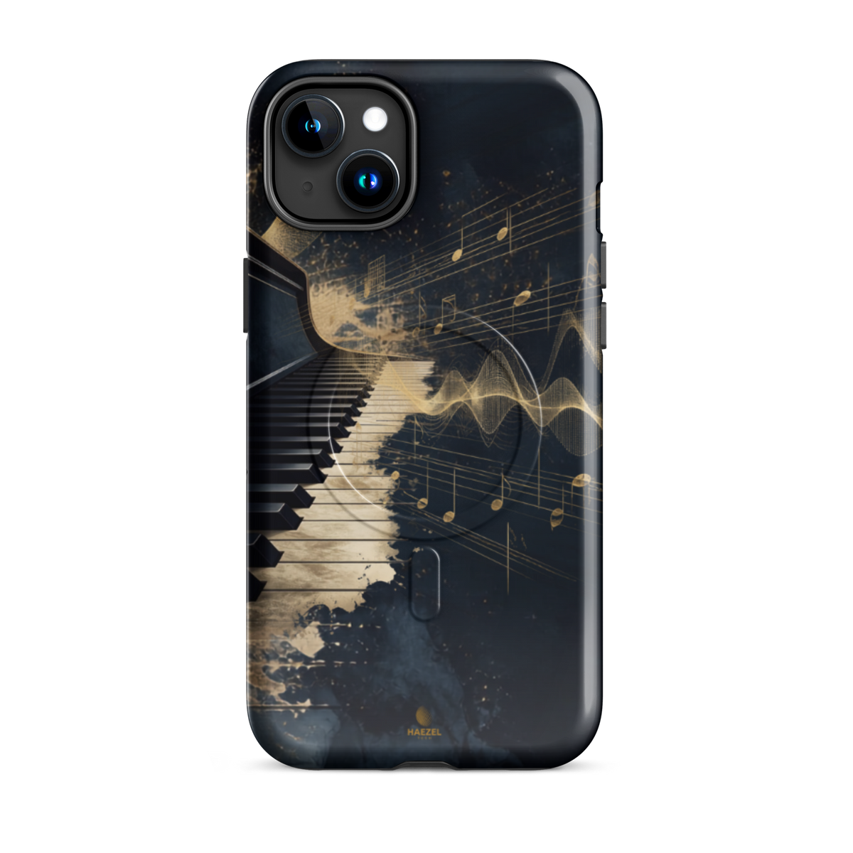 The Nocturne iPhone Case, piano keys and gold music notation on midnight navy. Haezel Tech Rhythm Series, view 6