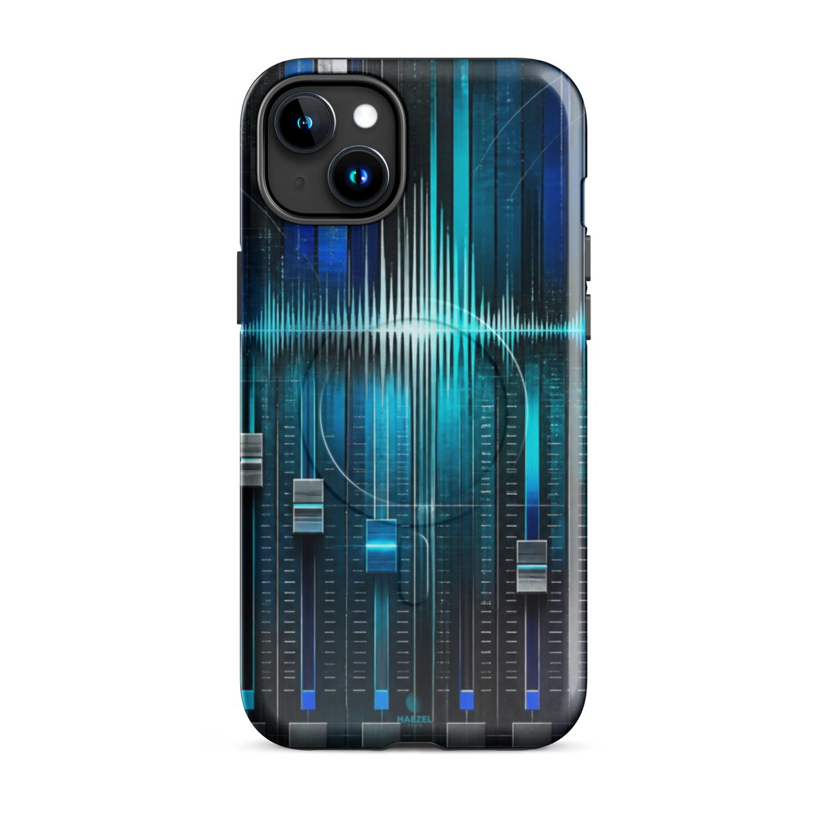 The Mixdown iPhone Case, cyan mixing desk faders and waveform peaks. Haezel Tech Rhythm Series, view 6